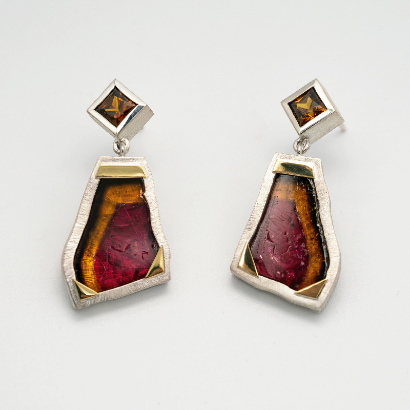 Tourmaline Slab & Square Garnet Earrings