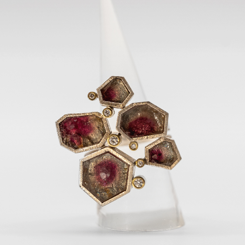 Pink Watermelon Tourmaline Slab & Diamond Ring