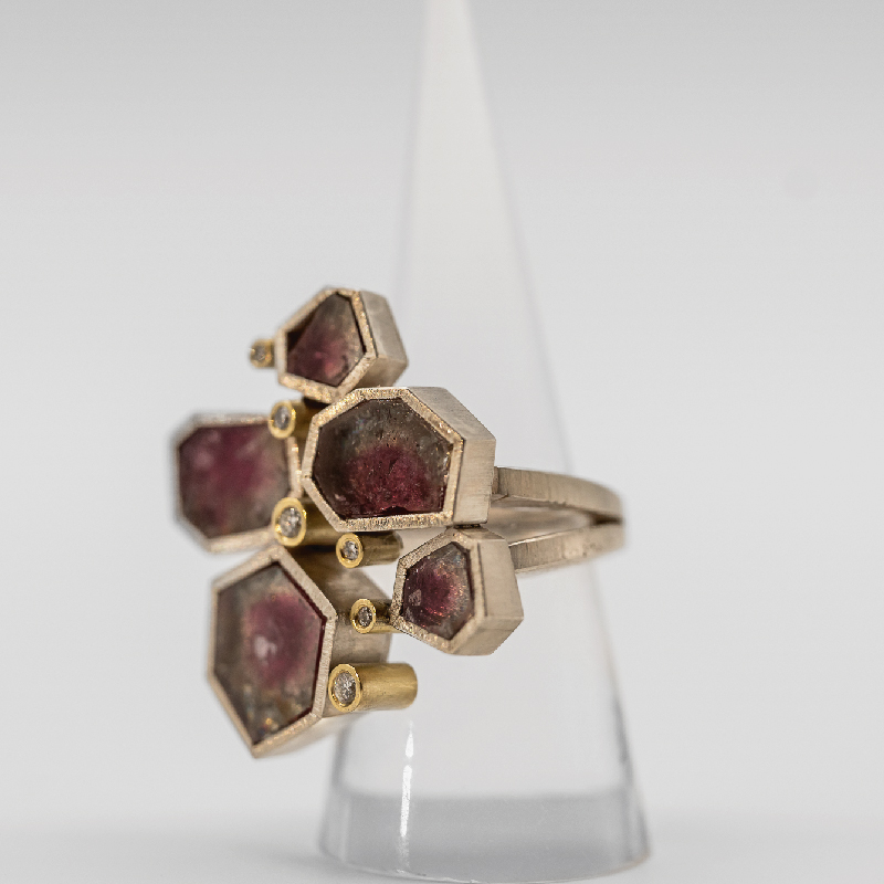 Pink Watermelon Tourmaline Slab & Diamond Ring